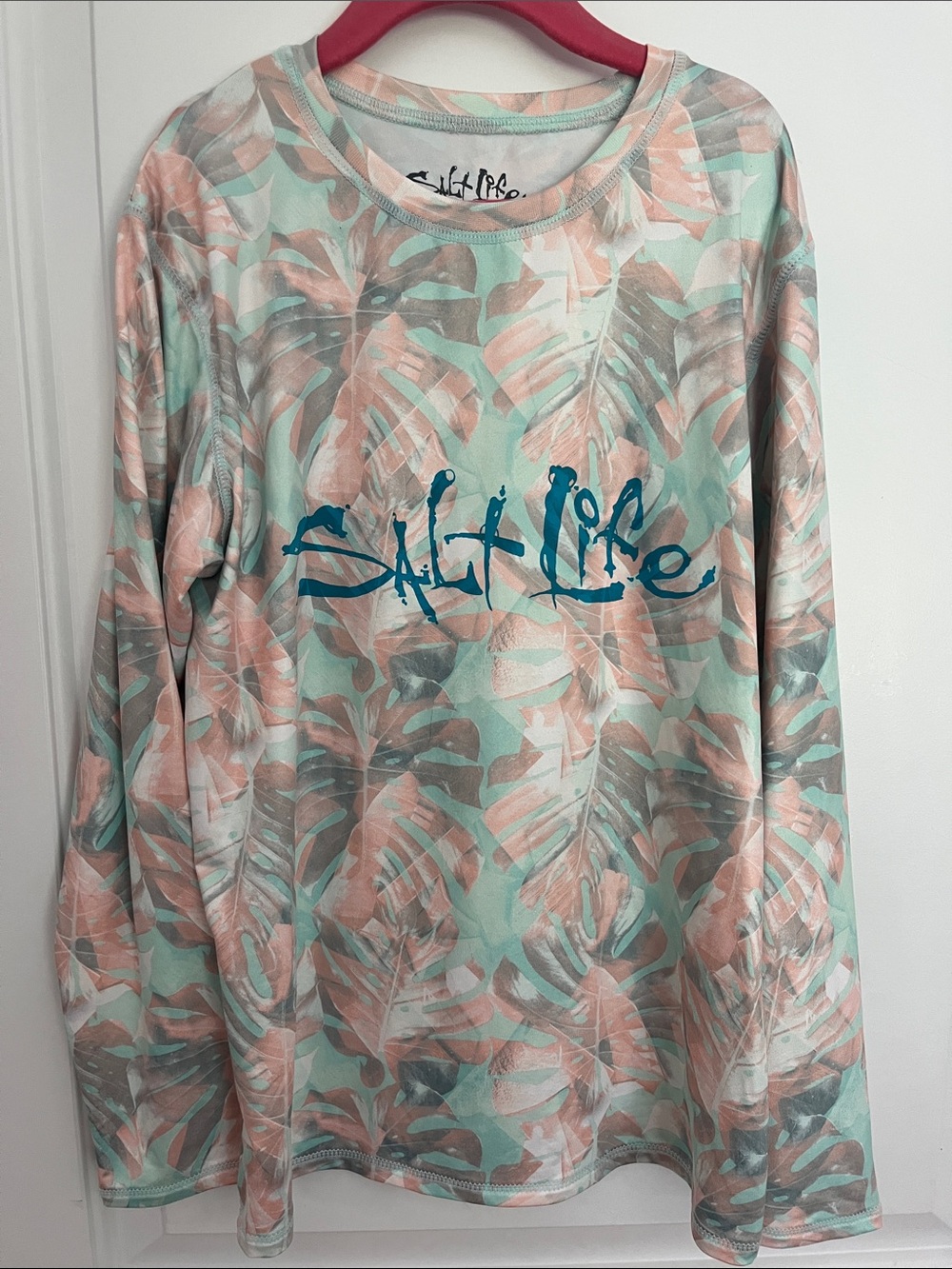 Salt Life Mint & Peach Tropical Leaf Long Sleeve Tee/ rash guard youth large